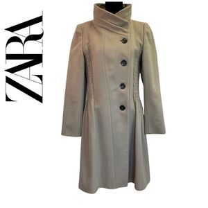 ZARA Taupe greyish tan brown high neck peplum coat size medium